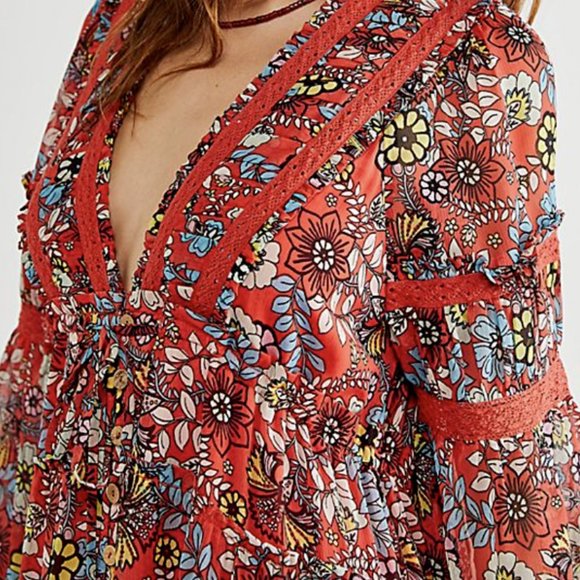 Free People Cassis Printed Chiffon Dress Fairy Bohemian Whimsical Romantic - Picture 3 of 15